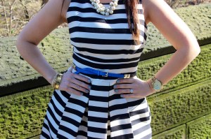Necklace: J.Crew, Dress: Eliza J (from Nordstrom), Watch: Michael Kors, Bracelets: J.Crew, Belt: J.Crew, Shoes, J.Crew
